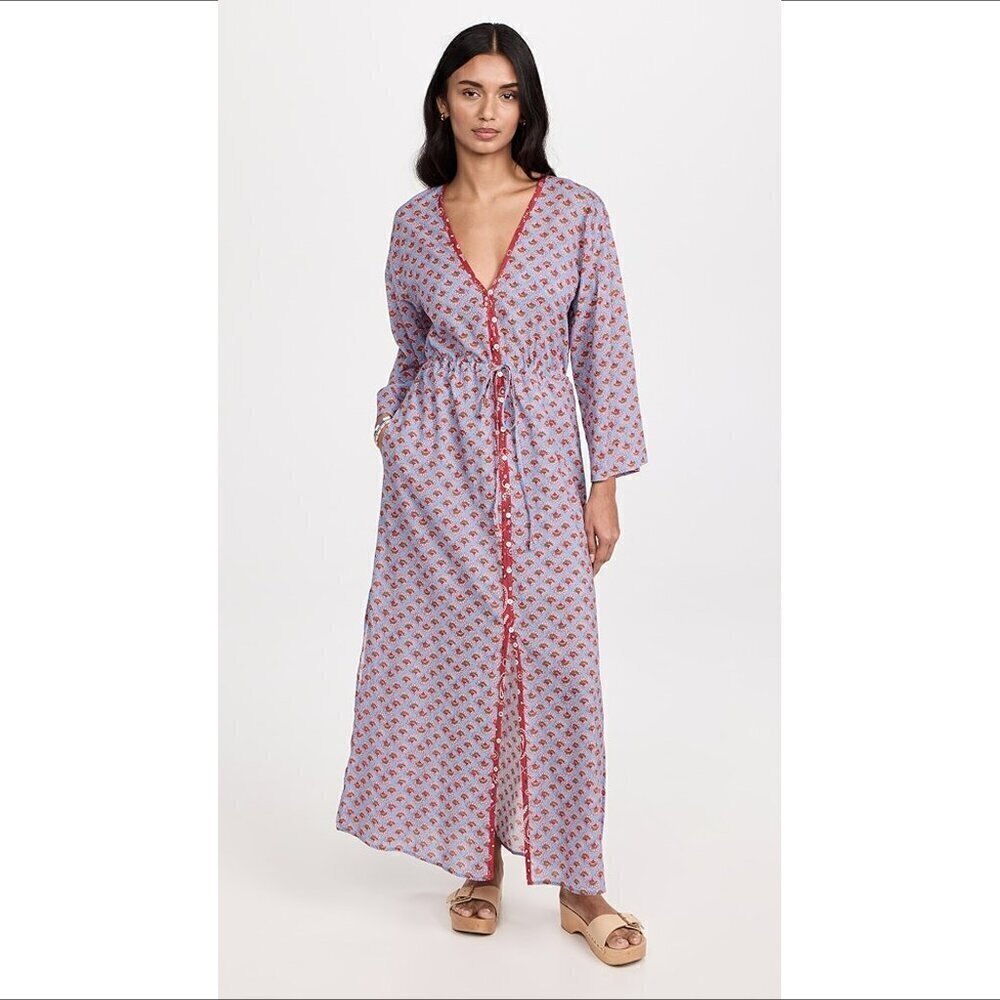 XiRENA Myrah maxi cotton dress blue pocket red graphic paisley lightweight Small